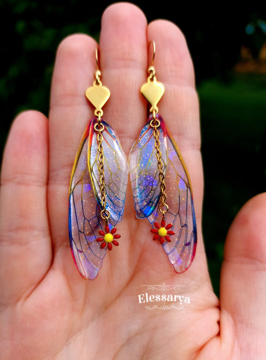 Cercei cu aripi de zână și floricele roșii